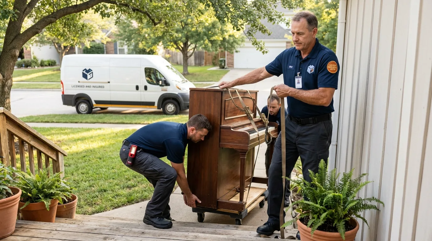 Licensed piano movers securing grand piano in West New York, NJ