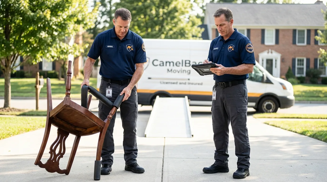 Movers inspecting furniture for damage prevention before loading in West New York, NJ