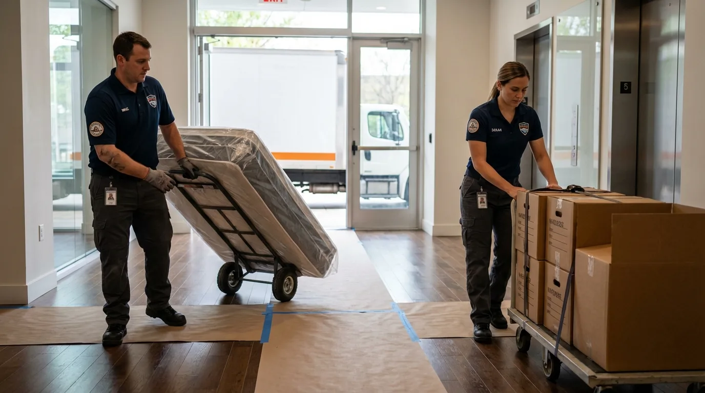 Professional apartment movers loading elevator in West New York, NJ