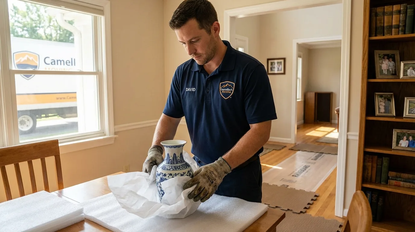 Professional crew carefully wrapping antique vase for senior downsizing move in West New York, NJ